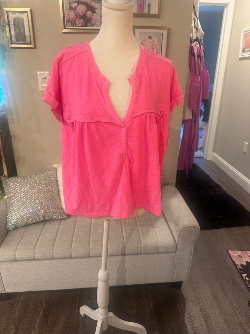 Anthropologie Bright Pink Short Sleeve V-Neck Peasant Top